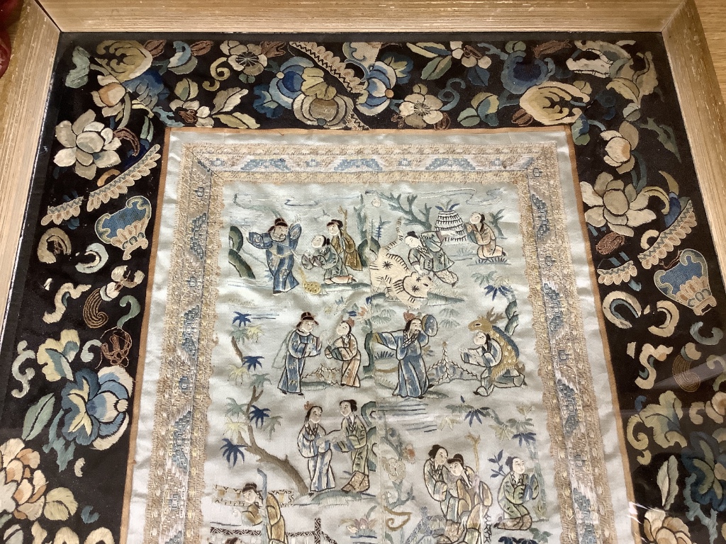 A 19th century Chinese embroidered silk panel, framed, 70 x 38cm